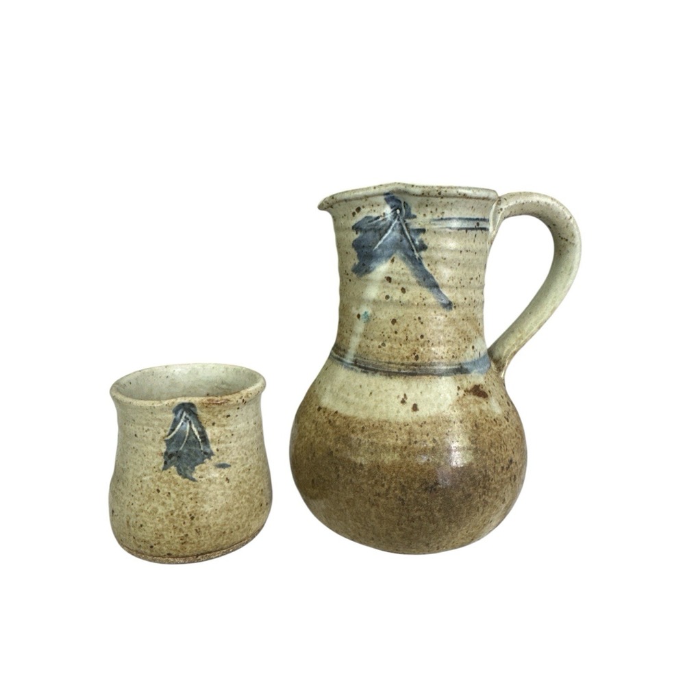 Studio Art Pottery Pitcher and  Mug Set Beige Glaze Blue Accents Signed